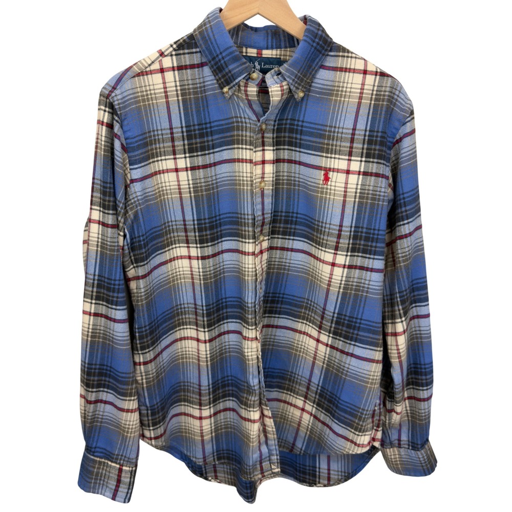 Ralph Lauren Mens Size M Classic Fit Flannel Shirt Blue Plaid Preppy Heritage